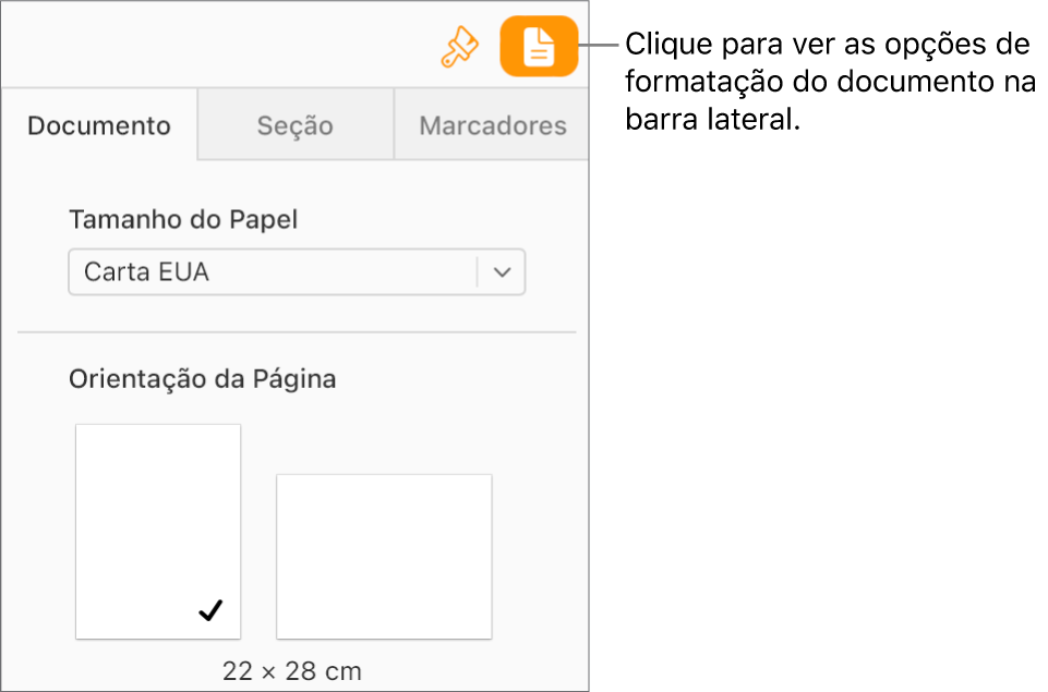 O botão Documento é selecionado na barra de ferramentas e os controles para alterar o tamanho e a orientação do papel aparecem na aba Documento da barra lateral.