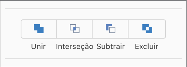 Os botões Unir, Interceptar, Subtrair e Excluir na parte de baixo da aba Organizar na barra lateral Formatar.