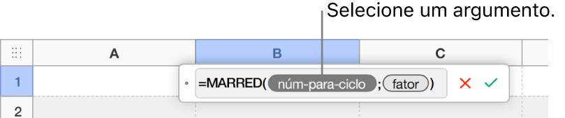 O Editor de fórmula com a função SOMA inserida e um texto explicativo para o token de argumento de valor.