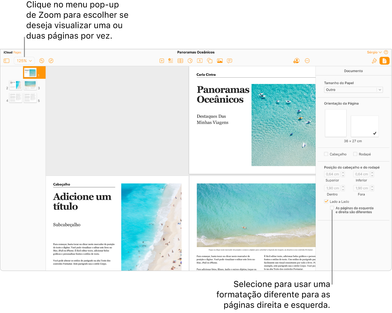 A janela Pages for iCloud com miniaturas de páginas e páginas de documentos visualizadas como spread de duas páginas. Na barra lateral Documento à direita, a caixa “As páginas da esquerda e direita são diferentes” está desmarcada.