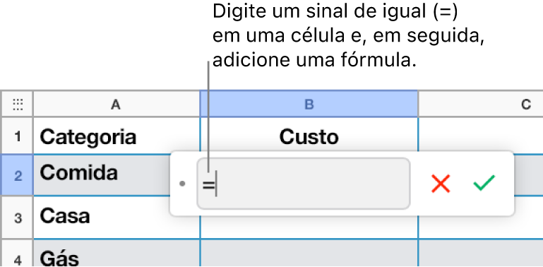 O Editor de fórmula com = e nenhuma fórmula inserida.