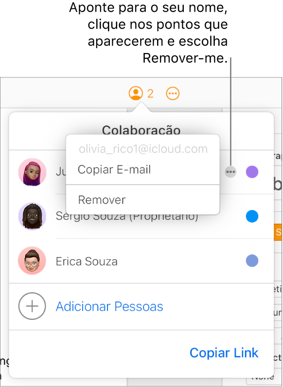 O menu Colaboração aberto, com o botão Mais à direita do primeiro participante clicado e a opção Remover disponível.