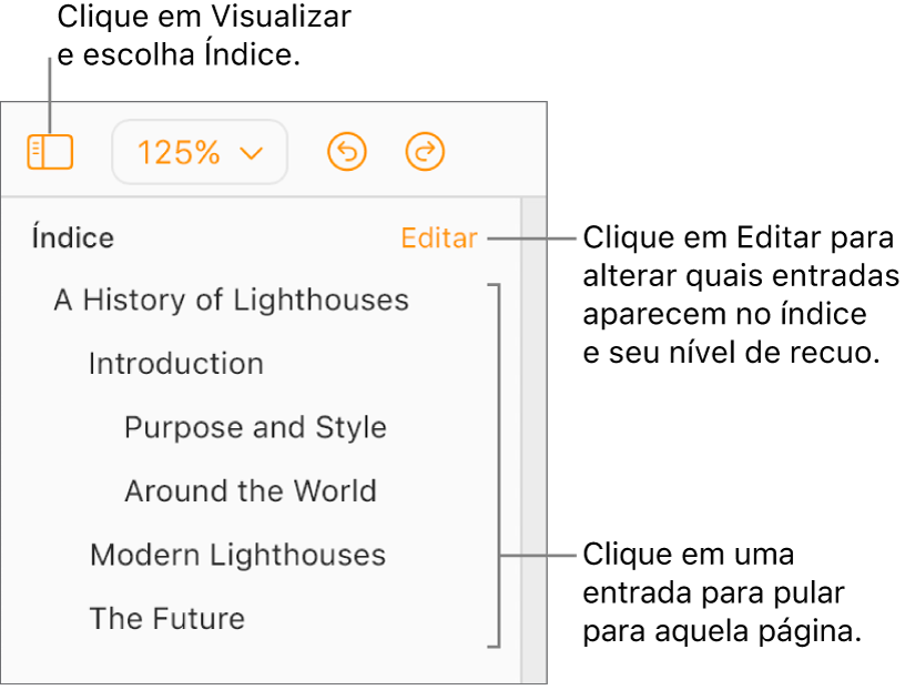 O Índice está aberto na barra lateral esquerda, com entradas para o título do documento e outros cinco títulos.