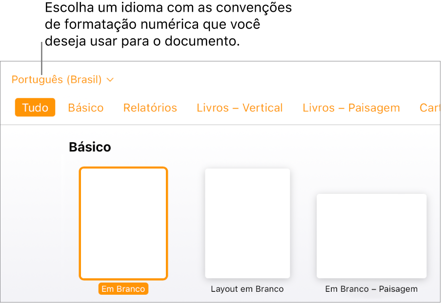 O menu pop-up na lateral superior esquerda do seletor de modelos com inglês (Estados Unidos) selecionado.