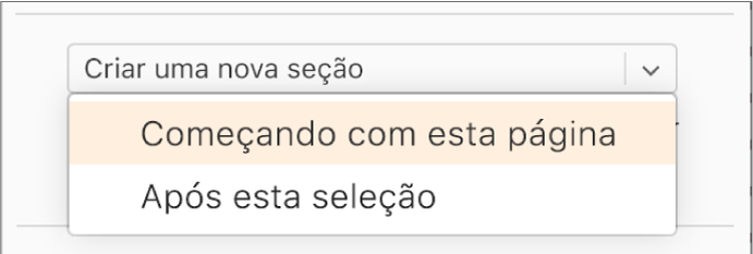 O menu pop-up "Criar uma nova seção" é aberto e "Começando com esta página" é selecionado.