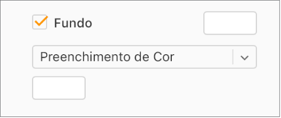 A caixa de seleção Plano de fundo está marcada barra lateral, e o seletor de cores predefinidas à direita da caixa de seleção está preenchido com a cor branca. Abaixo da caixa de seleção, Preenchimento de cor está selecionado em um menu pop-up e, abaixo dele, o seletor de cores personalizadas está preenchido com a cor branca.