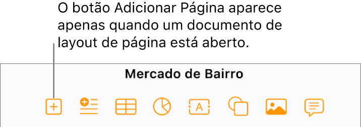 A parte do centro da barra de ferramentas em um documento de layout de página, com um botão Adicionar página à esquerda do botão Inserir.