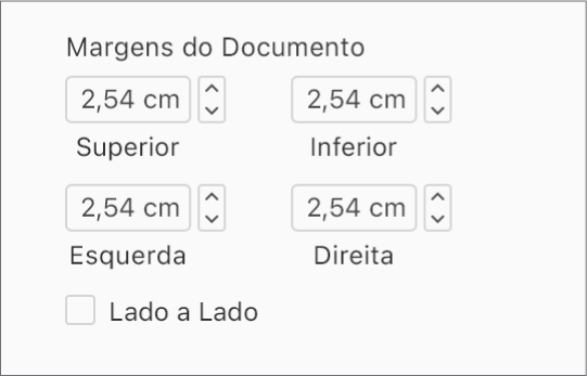 A seção Margens do Documento da barra lateral do Documento, com controles para definir as margens Superior, Inferior, Esquerda e Direita.