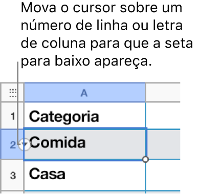 Um número de linha é selecionado em uma tabela e uma seta para baixo fica visível à sua direita.