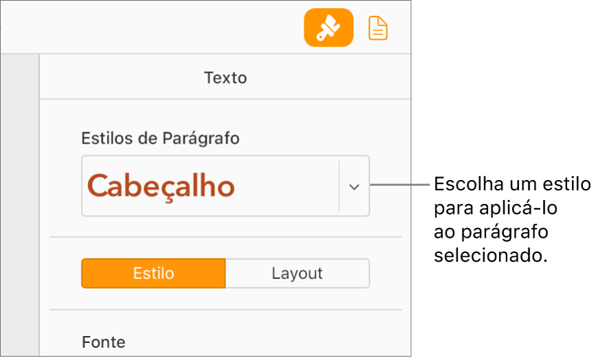 O menu pop-up Estilos de parágrafo na barra lateral Formatar. O estilo de parágrafo Cabeçalho em fonte vermelha e em negrito, é selecionado.