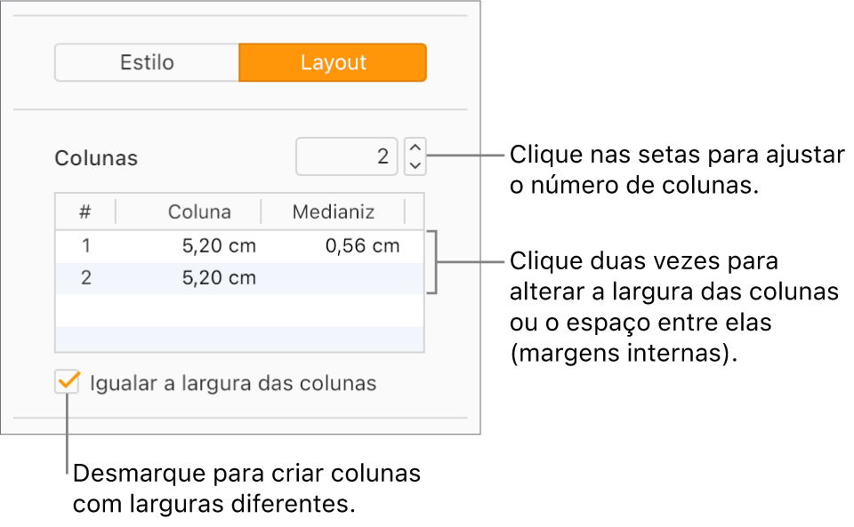 Os controles da coluna de texto na parte Layout da barra lateral Formatar.