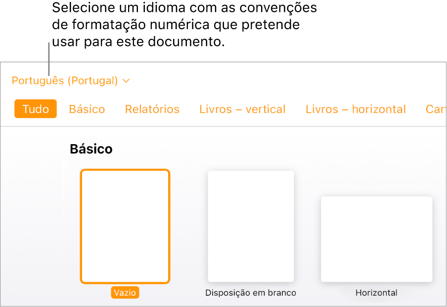 O menu pop-up no canto superior esquerdo da lista de modelos com inglês (Estados Unidos) selecionado.