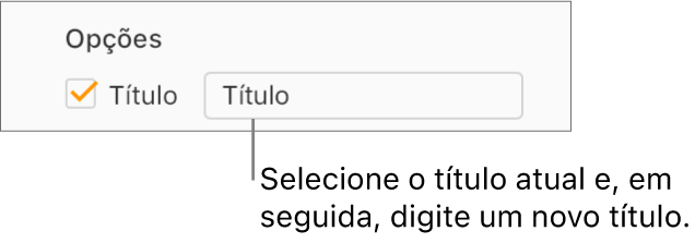 Na secção “Opções de gráficos” da barra lateral "Formatação”, a opção “Título” está assinalada. O campo de texto à direita da opção assinalável mostra o marcador de posição de título do gráfico, “Título”.