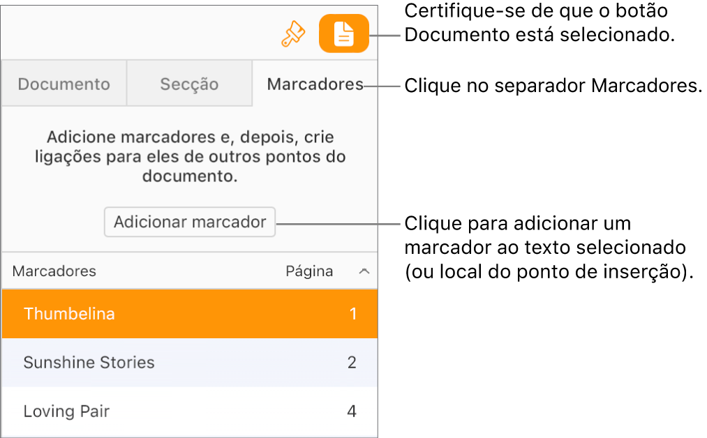 O separador "Marcadores” está selecionado na barra lateral “Documento”. O botão "Adicionar marcador” é apresentado sobre uma lista de marcadores que já foram adicionados ao documento.