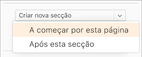 Com o menu pop-up “Criar nova secção” aberto e a opção “A começar por esta página” selecionada.