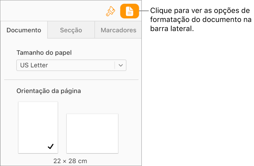 O botão “Documento” está selecionado na barra de ferramentas e os controlos para alterar o tamanho e a orientação da página são apresentados no separador "Documento” da barra lateral.