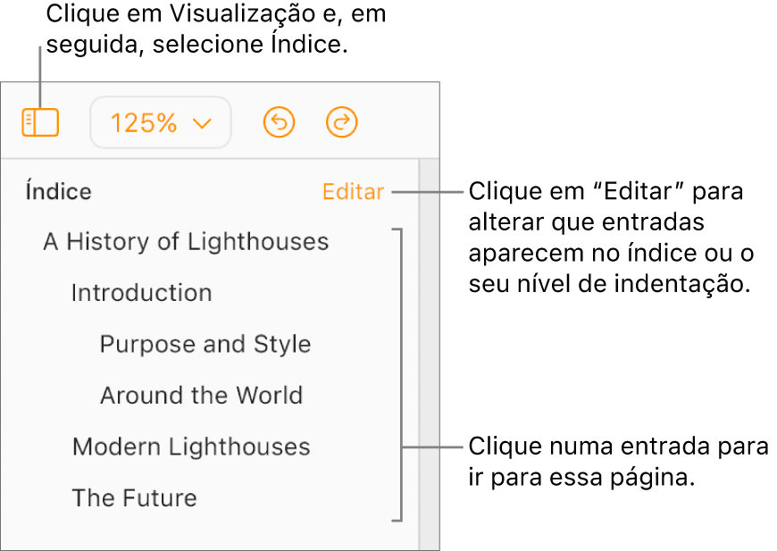 O Índice está aberto na barra lateral esquerda com entradas para o título do documento e outros cinco cabeçalhos.