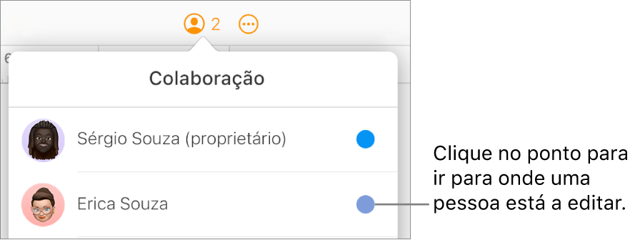 O menu Colaboração abre-se com dois participantes e um ponto colorido diferente à direita de cada nome.