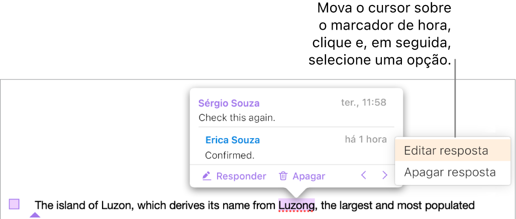 Um comentário com uma resposta e o cursor sobre o marcador de hora para a resposta; um menu pop-up apresenta duas opções: Editar Resposta e Apagar Resposta.