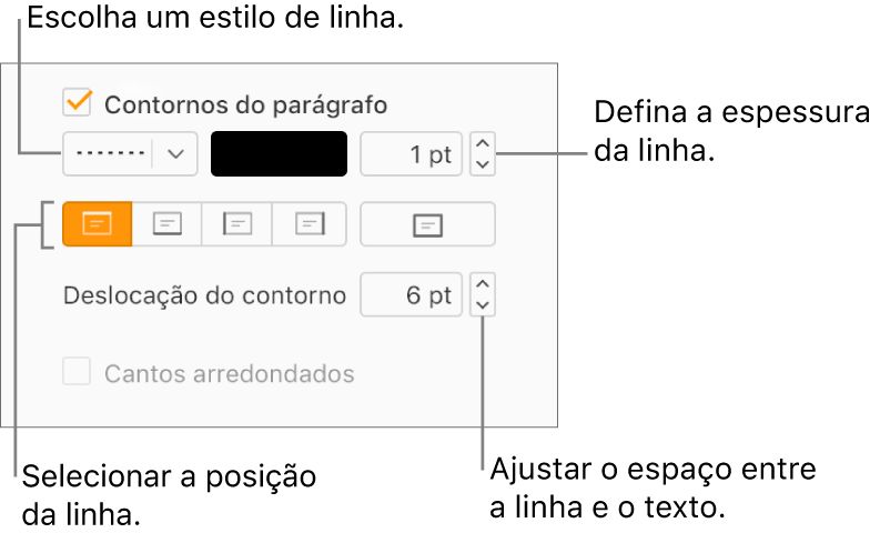 A opção “Bordas do parágrafo” está assinalada no separador "Disposição” na barra lateral "Formatação” e os controlos para alterar o estilo, cor, espessura, posição e deslocação da linha em relação ao texto são apresentados por baixo da opção assinalável.