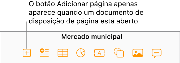 A parte central da barra de ferramentas dos documentos de disposição de página com um botão "Adicionar página” à esquerda do botão “Inserir”.