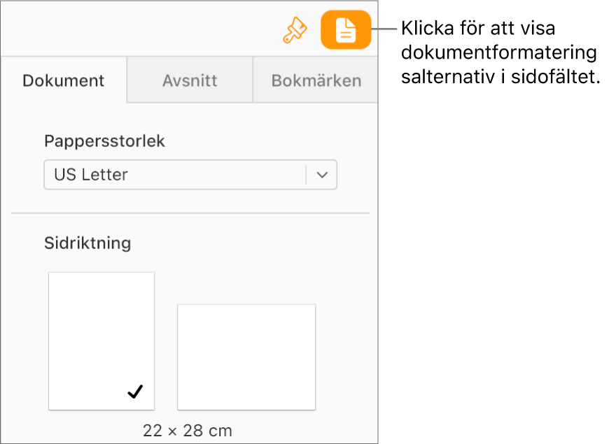 Knappen Dokument är vald i verktygsfältet och kontroller för att ändra pappersstorlek och orientering visas på fliken Dokument i sidofältet.