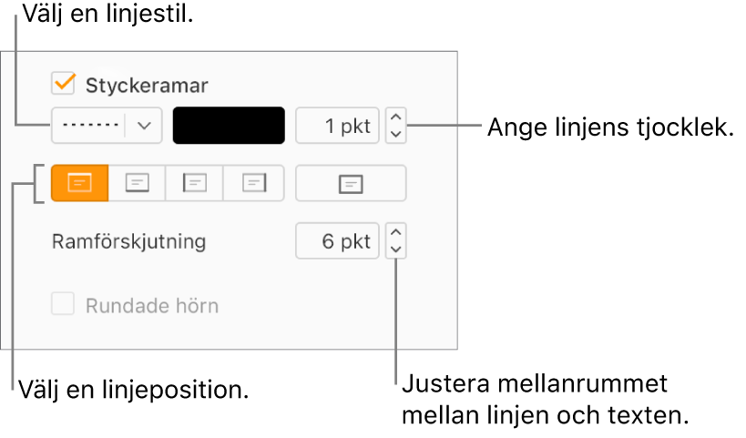 Kryssrutan Styckeramar är markerad på fliken Layout i formatsidofältet, och reglage för att ändra linjestil, färg. tjocklek, placering och förskjutning på linjen visas under kryssrutan.