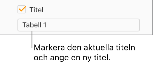 Kryssrutan Titel i sidofältet Format är markerad. Ett textfält nedanför kryssrutan visar tabellens platshållartitel, ”Tabell 1.”