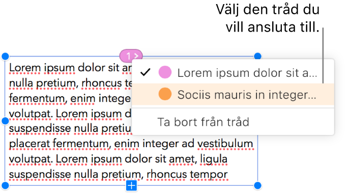 Den första textrutan i en tråd väljs och en popupmeny bredvid cirkeln längst upp i textrutan är öppen. I popupmenyn har tråden som textrutan tillhör ett bockmärke.