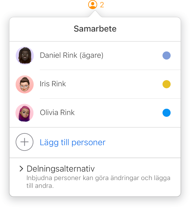 Menyn Samarbete som visar namnen på de som samarbetar i dokumentet. Delningsalternativen visas under namnen.
