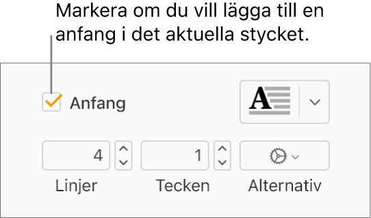 Kryssrutan Anfang är markerad och en popupmeny visas till höger om den, reglage för att ange radavstånd, antal tecken och andra alternativ visas under den.