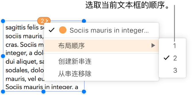 链接的文本框处于选中状态，该文本框顶部圆圈旁边的弹出式菜单已打开。在这个弹出式菜单中，“布局顺序”菜单项处于选中状态；第二个弹出式菜单中显示了编号 1、2 和 3；2 旁边有一个勾号，这表明该文本框是串连中的第二个文本框。