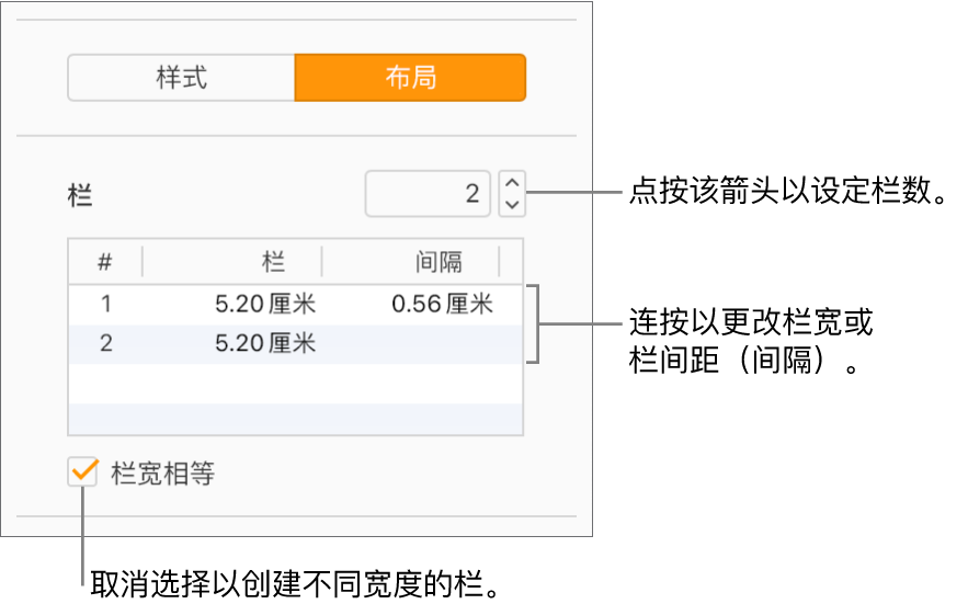 “格式”边栏中“布局”部分的文本列控制项。