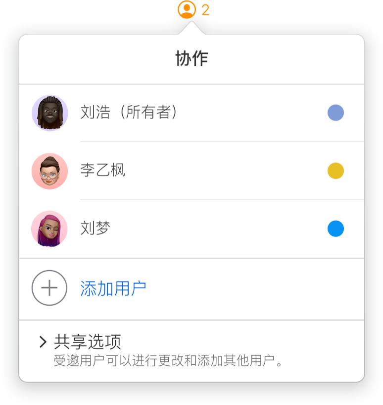 “协作”菜单中显示了协作处理文稿的人员姓名。姓名下方是“共享”选项。