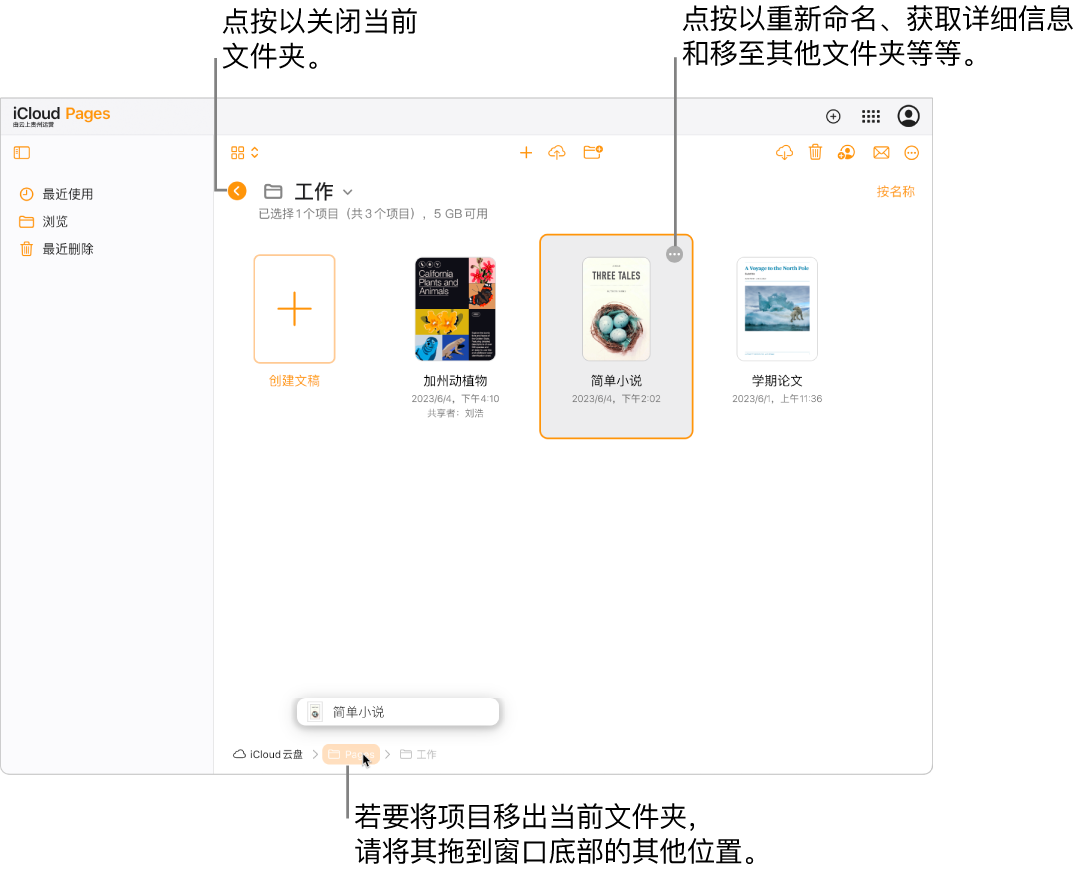 处于浏览视图的文稿管理器，其中文稿被拖到窗口底部的新位置（“Pages”文件夹）。在工具栏下方，“返回”按钮显示在当前文件夹名称（工作）的左侧。
