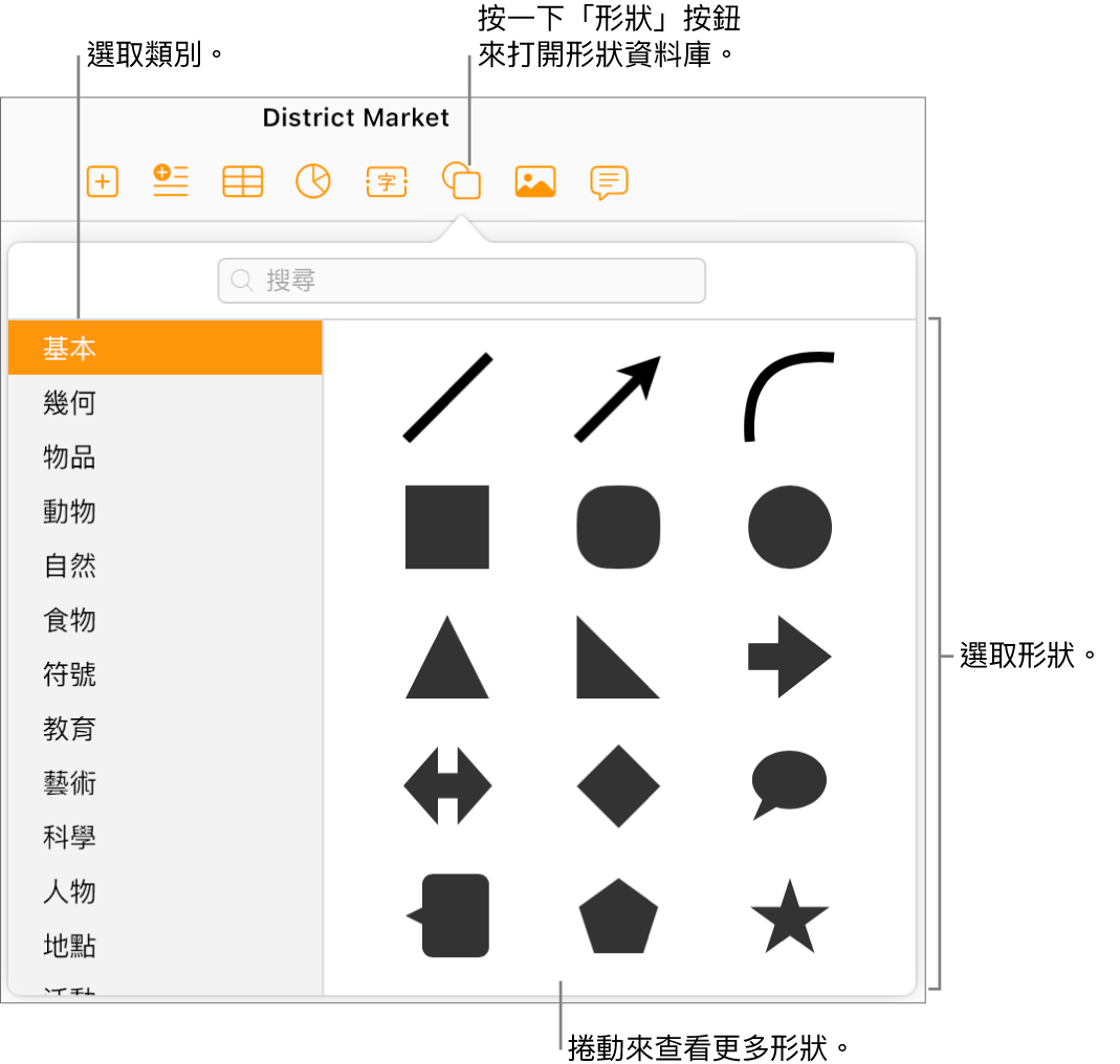 形狀資料庫在工具列中的「形狀」按鈕下方已開啟。左側已選取「基本」類別，右側會顯示部分常見形狀（包括圓形、方形和線條）。
