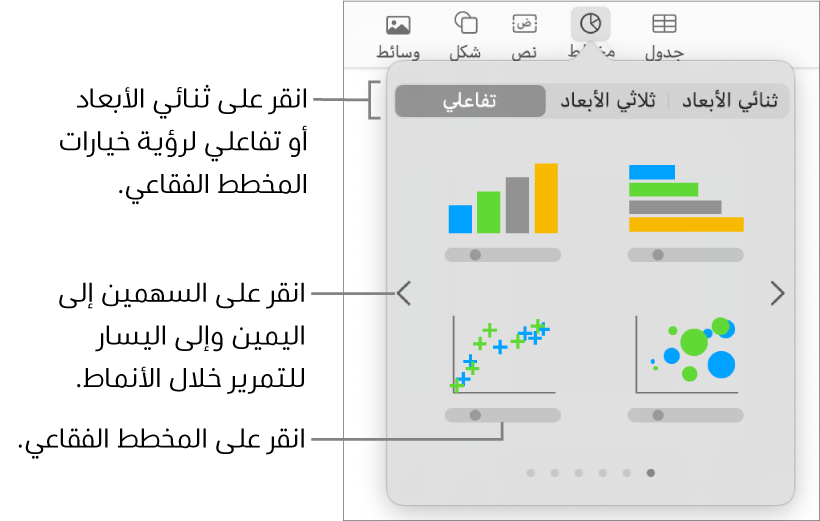 قائمة إضافة مخطط تعرض مخططات تفاعلية، تشتمل على مخطط فقاعي.