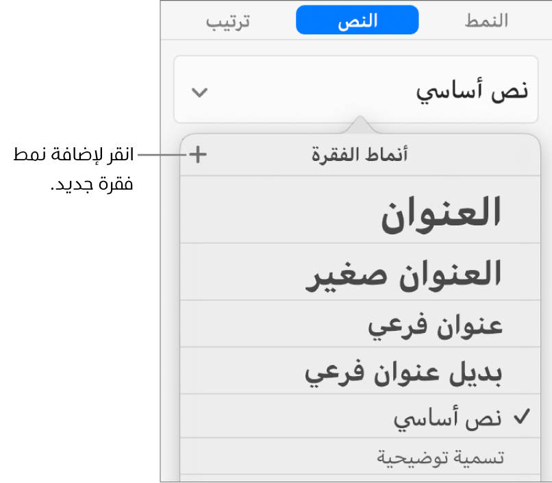 قائمة أنماط الفقرة مع وسيلة شرح للزر نمط جديد.