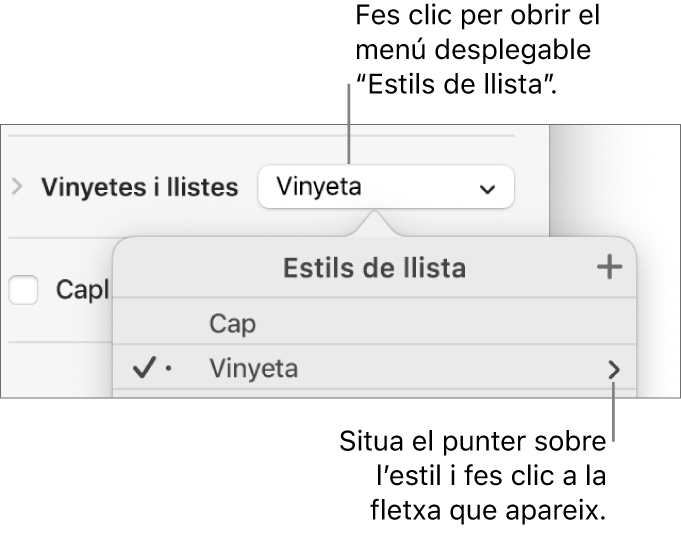 La finestra emergent “Estils de llista” amb un estil seleccionat i una fletxa a l’extrem dret.