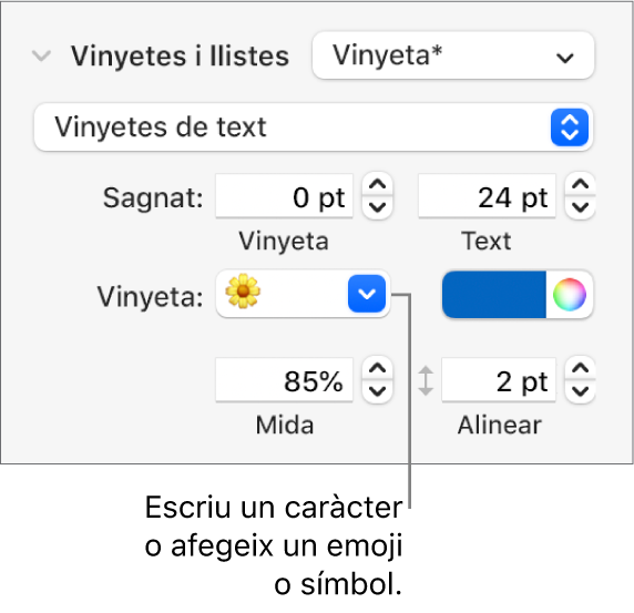 La secció “Vinyetes i llistes” de la barra lateral Format. El camp Vinyeta amb un emoji de flor.