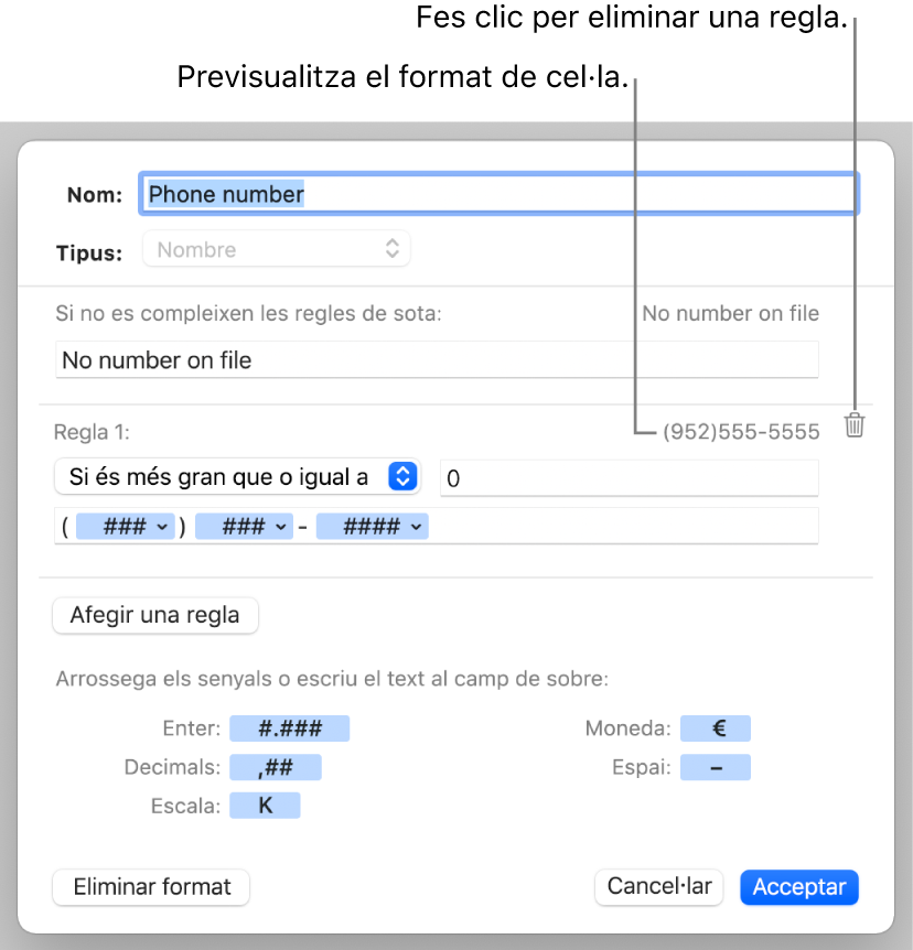 Format personalitzat de cel·la numèrica amb regles.