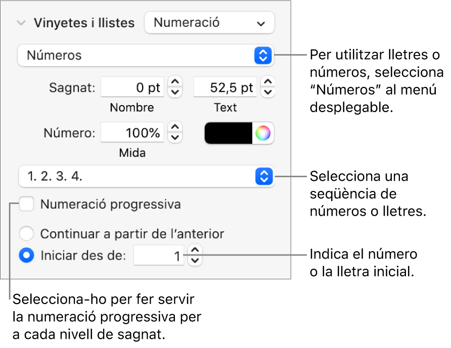 Controls per canviar l’estil dels números i l’espaiat d’una llista.