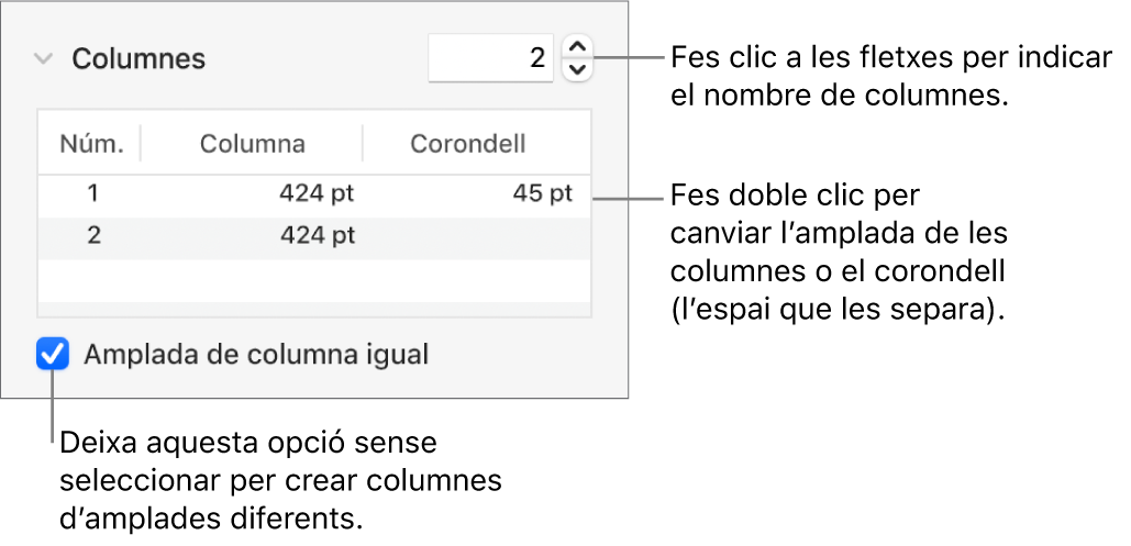 Controls de la secció de columnes per canviar el nombre de columnes i l’amplada de cada columna.