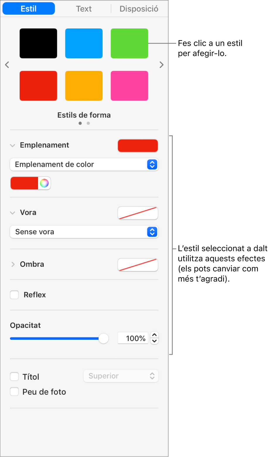 Estils i opcions per a les formes a la secció Format de la barra lateral.