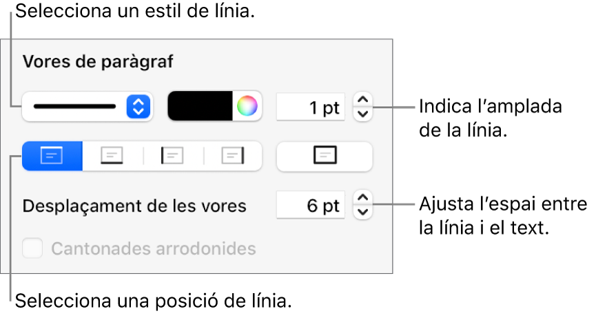 Controls per canviar l’estil, el gruix, la posició i el color de la línia.