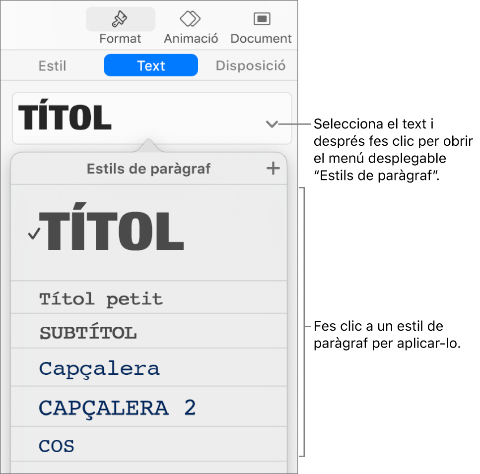 Menú “Estils de paràgraf” amb una marca de verificació al costat de l’estil seleccionat.