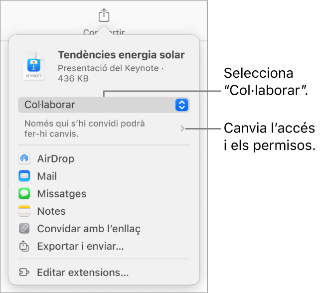 Menú “Comparteix” amb l’opció “Col·labora” seleccionada a la part superior i la configuració dels permisos a sota.