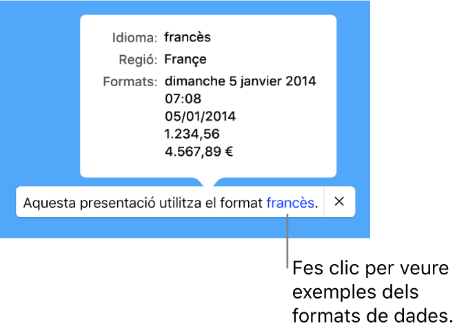 La notificació de la diferència de configuració d’idioma i regió, amb exemples del format d’aquell idioma i regió.