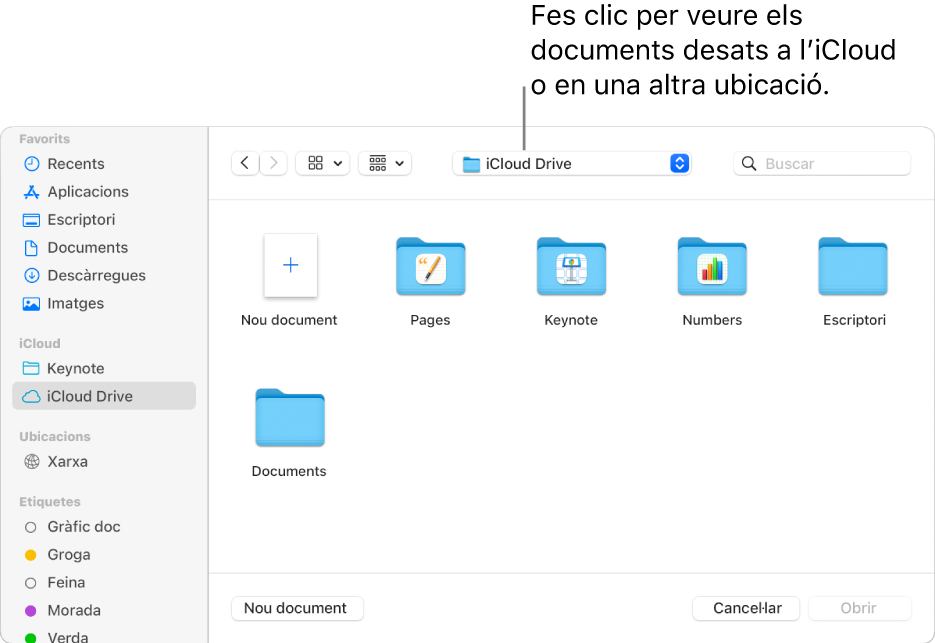 El quadre de diàleg “Obre”, amb la barra lateral oberta a l’esquerra i l’iCloud Drive seleccionat al menú desplegable de la part superior. Les carpetes del Keynote, el Numbers i el Pages apareixen al quadre de diàleg juntament amb el botó “Nou document”.