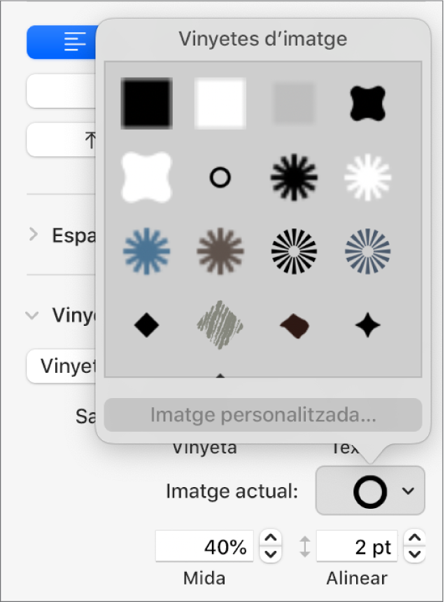 El menú desplegable “Vinyetes d’imatge”.